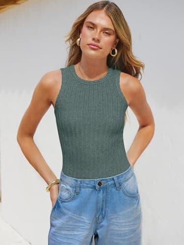 ANRABESS High Neck Tank Tops for Women Sleeveless Shirts Summer 2026 Basic Soft Slim Fit Racerback Trendy Casual Outfits Green XXL - Thumbnail 3