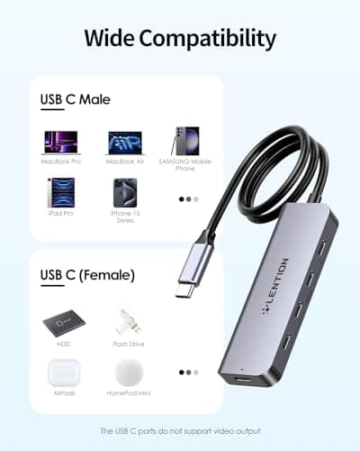 LENTION 4-Port USB-C Hub with Long Cable 2FT, USB-C Hub Multiport Adapter 4 x Type-C 3.2 10Gbps, 100W PD Charging USB-C Splitter, Compatible with MacBook Pro/Air, MacBook Neo and More(Space Gray) - Thumbnail 6