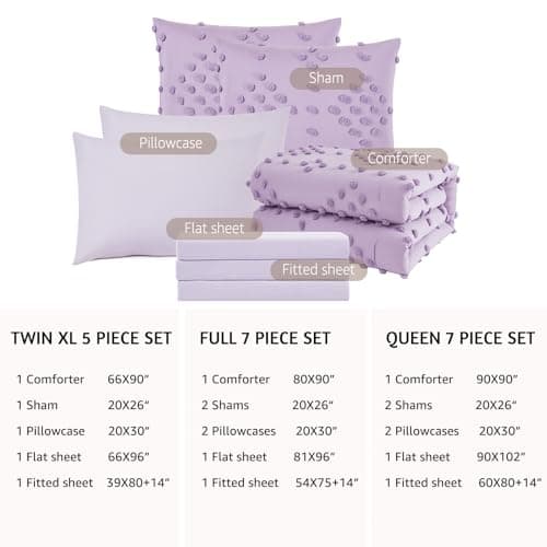 Geniospin Purple Full Comforter Set for Girls- 7 Pieces Pom Tufted Bed in A Bag Full Bedding Sets with Sheets, Pillowcases & Shams, All Season Kids Comforter Set - Thumbnail 5
