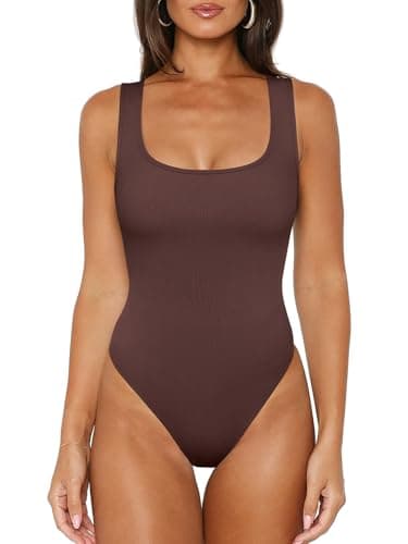 REORIA Tank Top Bodysuits for Women Ribbed Scoop Neck Sleeveless Slimming Basic Body Suit Tops Going Out Outfits 2026 Summer Coffee Large - Image 1