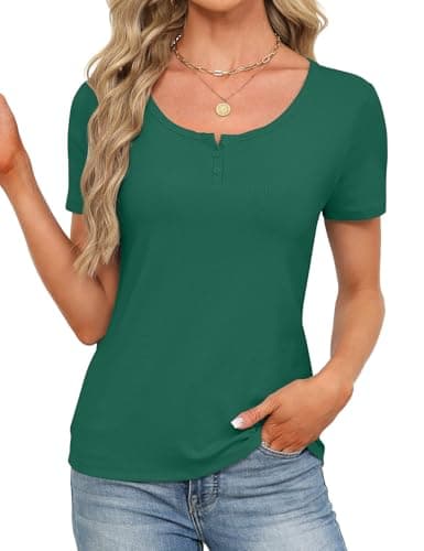 Women Henley Tops for Women Short Sleeve Shirts Casual Button Up T-Shirts Summer Top Solid Slim Fit Trendy Scoop Neck Blouses (Green, XX-Large) - Thumbnail 4
