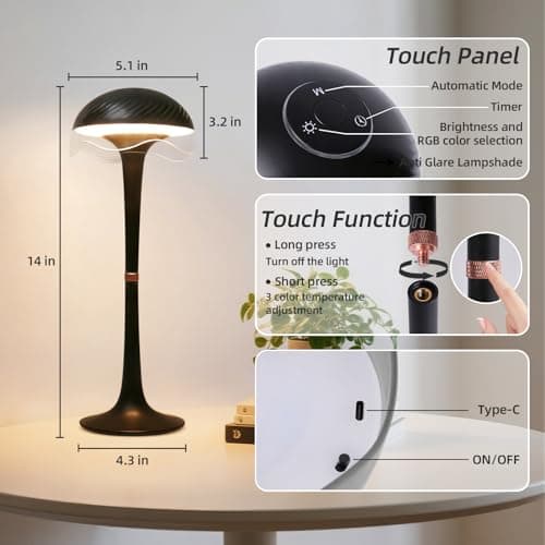 DEXULESA Cordless Table Lamp, Portable Battery Operated Touch Control Lamp with 3 Colors & 7 RGB Stepless Dimmable, Rechargeable Table Lamp for Home Office/Dinner/Restaurant/Bedroom (Black) - Thumbnail 2