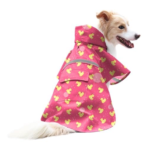 NACOCO Large Dog Raincoat Adjustable - Pet Rubber Ducks Yellow Water Proof Clothes Lightweight Rain Jacket Poncho Hoodies with Strip Reflective Pink (Pink L, Yellow Duck)