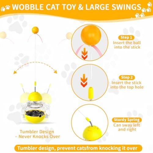 COSOWO Cat Interactive Toys Engaging Wand, Slow Food Treat Dispenser, and Tumbler Design for Indoor Cats Durable, Non-Toxic, Ideal for Exercise and Boredom Relief Gift for Kitten, Yellow - Thumbnail 3