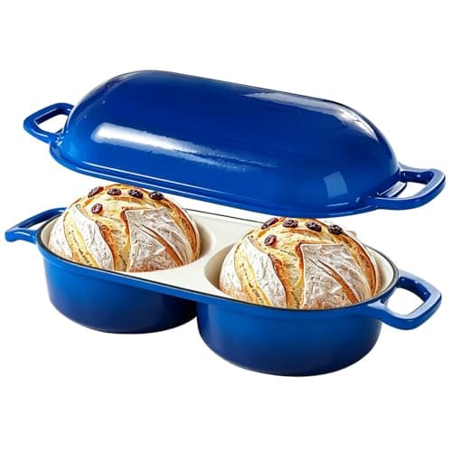 COOKWIN Double Loaf Dutch Oven with Lid, Enameled Cast Iron Bread Pan, Dual Compartment for Baking Sourdough Loaves, Even Heat, Non-Stick And Oven Safe 500°F, Blue