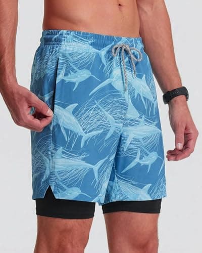 Y YERFONE Mens Swim Trunks with Compression Liner Men Bathing Suit 5 inch Board Shorts Zipper Pockets Drawstring 2 in 1 Quick Dry Stretch Lined Funny Beach Swimming Pool Surf Blue Shark - Thumbnail 2