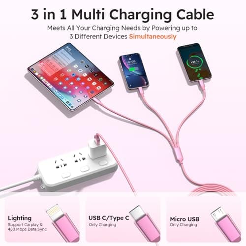 USB A + USB C Multi Charging Cable 4ft 2Pack 3 in 1 Charger Cord, Multiple Nylon Braided Cable USB Charging Cable Multi Phone Charger Cord with Type C Micro Lightning USB Connectors for Cell Phones - Thumbnail 3