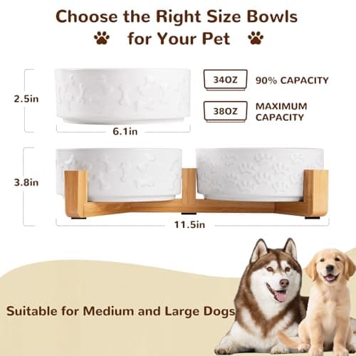 XIHAN Dog Bowls Set with Wood Stand & Mat Waterproof, 3.5 Cups Ceramic Dog Bowls Elevated for Medium Dogs, Dual Food and Water Bowls with Weighted Non-Slip Base 28.7 OZ - Thumbnail 2