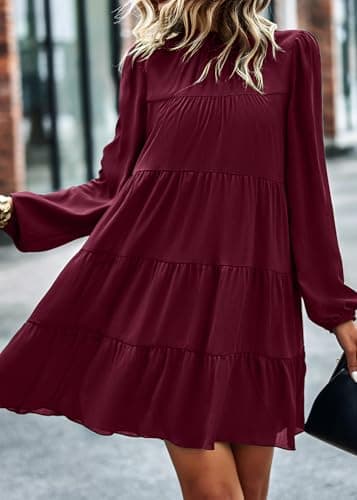 KIRUNDO Long Sleeve Baby Doll Dresses Women 2026 Casual Spring Summer Ruffle Mock Neck Tiered Mini Flowy Swing Shift Dress(Wine Red, X-Large) - Thumbnail 6