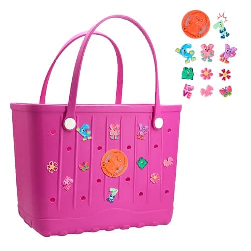 PanManner Rubber Beach Bag for Women, Large Capacity Rubber Tote Bag with Charms Waterproof Travel Handbag for Daily (Rose, X-Large) - Image 1