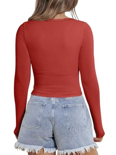 PINKMSTYLE Women Long Sleeve Shirts Double Lined Slim Fit Tops Basic Tee 2025 Fall Outfits Casual T-Shirt Underscrubs Layer Clothes Bright Red Small - Thumbnail 5