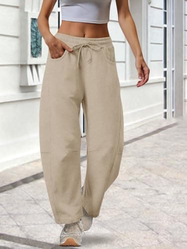 Bellcoco Barrel Sweatpants Women Casual Baggy Elastic Waisted Pants Wide Leg Gym Trousers with Pockets Apricot L - Thumbnail 2