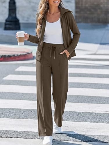 Casly Lamiit Lounge Sets for Women 2026 Vacation Outfit Sweatsuit Long Sleeve Zip Up Travel Airport Sweatshirt Wide Leg Sweatpant Tracksuit Coffee S - Thumbnail 5