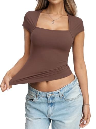 Eachyes Womens Square Neck Short Sleeve Shirts Cap Sleeve Low Cut Tops Sexy Slim Fit Basic Tee Y2k Going Out Cute Summer Crop Outfits 2026 Brown Small - Thumbnail 5
