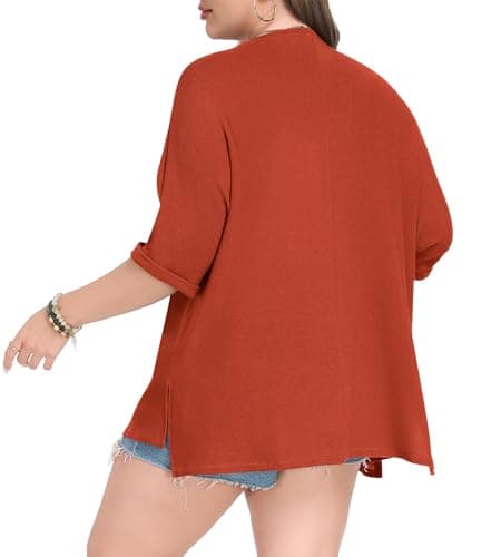 Lastshe Plus Size Cardigan for Womens Rolled Short Sleeve Lightweight Split Hem Both Sides Sweaters Wrap,Orange,3X - Thumbnail 4