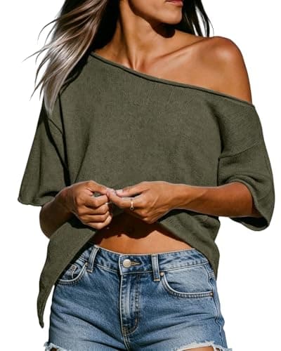 Jenisso Womens Off The Shoulder Crochet Cover Ups 2026 Summer Short Sleeve Side Split Asymmetric Roll Hem Knit Tops - Image 1