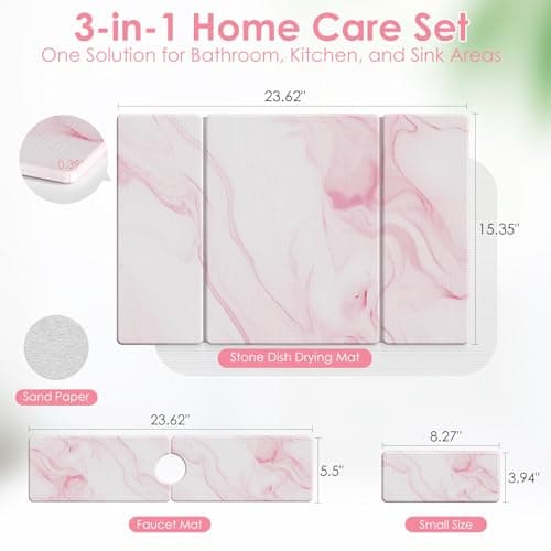 3-Piece Stone Dish Drying Mat Set for Kitchen Counter -24"x16" Large Absorbent Diatomaceous Earth Mat for Kitchen Counter, Stone Faucet Drip Catcher & Soap Tray- Quick Dry, Non-Slip - Thumbnail 6