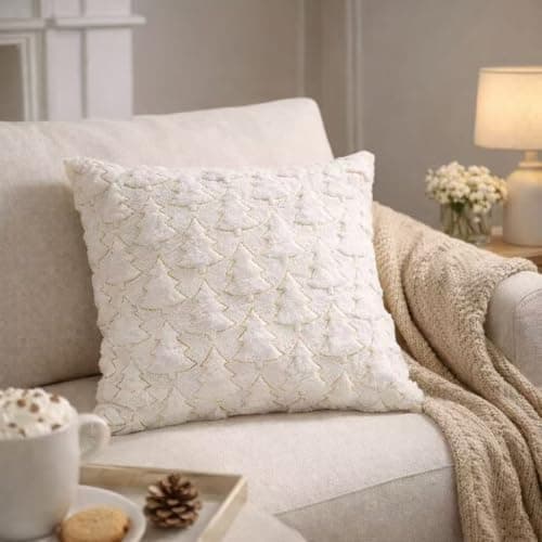 Psythuor Textured Decorative Pillow Covers, 2 Pack 20x20 Inch White Minimal Nordic Tree Pattern Cushion Covers, Soft Plush Fabric with Zipper for Sofa Couch Bed Home Decor