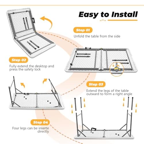 Outspurge 4ft Portable Folding Table, Indoor Outdoor Plastic Dining Table w/Handle, Fold-in-Half Utility Foldable Table for Camping, Picnic and Party, White - Thumbnail 6