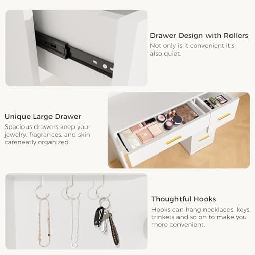 HABIUBIU 35 Small Vanity Desk with Mirror and Lights,10 Lights,3 Color Modes,Makeup Vanity Desk with 4 Storage Shelves 4 Drawers and Power Outlet,White vanitys-New Upgraded Quality - Thumbnail 4