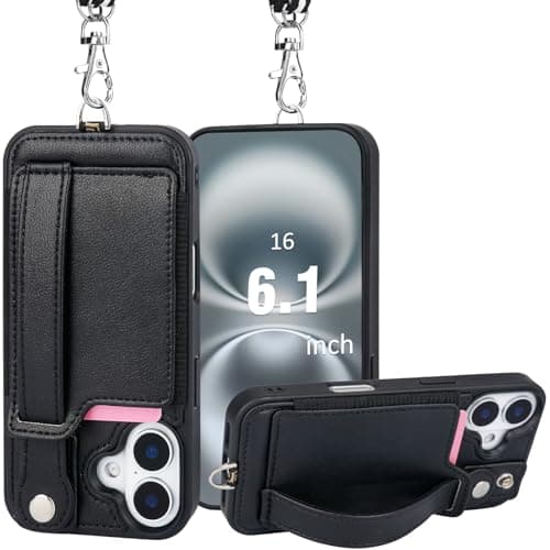 TOOVREN Phone Case for iPhone 16 Wallet Case with Card Holder Stand Strap Lanyard Case fits iPhone 16 Case with Wallet PU Leather Shockproof Detachable Phone Cover for Women & Men 6.1 Inch Black - Image 1