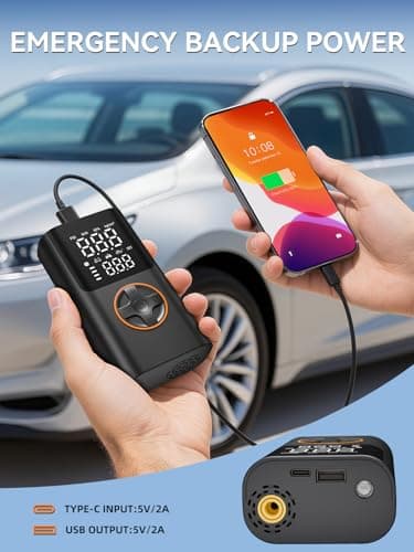 AIRSURE Tire Inflator Portable Air Compressor, Bike Pump with Gauge and USB Charging Output, 150PSI Fast Inflation Portable Tire Inflator for Car Bicycles Motorcycles Scooter Balls - Thumbnail 4