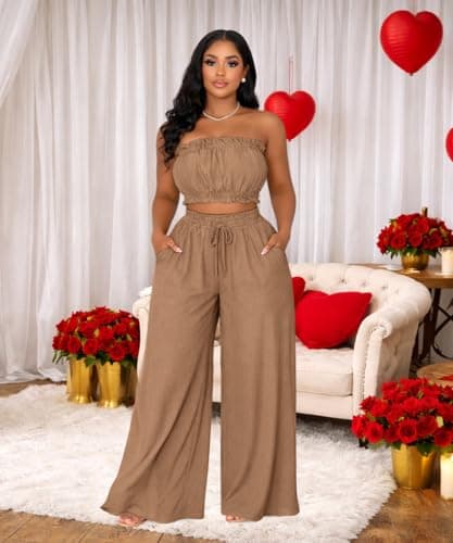 ABKY Two Piece Sets for Women Going Out Summer Off Shoulder Tube Top Palazzo Pants Set Vacation Birthday Party Date Night Outfits Khak L - Thumbnail 2