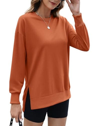 ECOWISH Women Side Split Sweatshirt: Fall Crewneck Long Sleeve Oversized Camo Shirts Casual Camouflage Print Pullover Tops 409 Orange Brown M