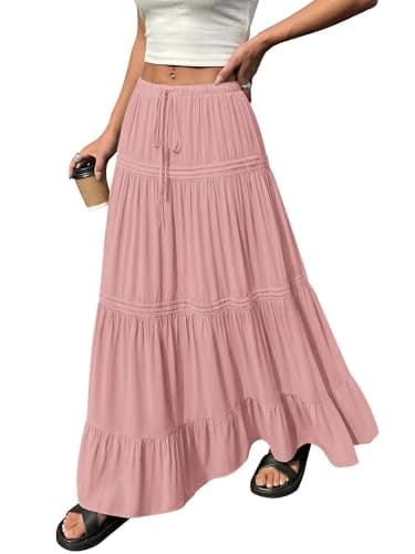 BTFBM Spring Skirts for Women 2026 Summer Boho Beach Vacation Clothes Casual Pleated High Waisted Flowy Maxi Skirt(Pink, X-Large) - Thumbnail 2