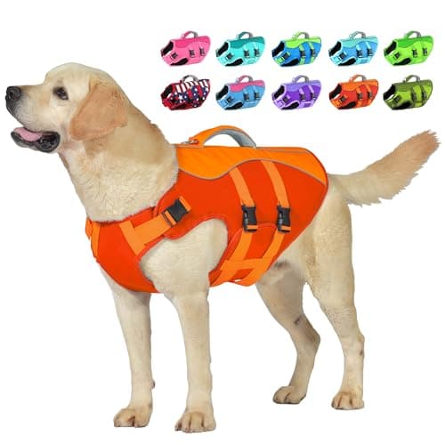 Dog Life Jacket, High Buoyancy Dog Life Vest with Handle for Swimming Boating, Adjustable Swimming Vest with Reflective Trim for Small Medium Large Dogs - Orange, XL