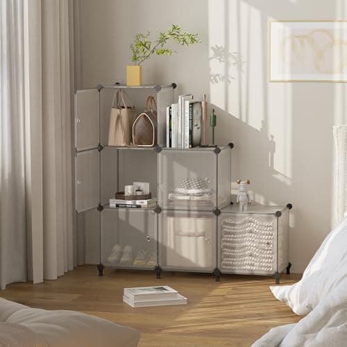 ATTDETJL Cube Storage Organizer, 6-Cube Shelves Unit with Doors, DIY Stackable Plastic Clothes Organizer for Bedroom and Under Stairs Storage Unit, Each Compartment 30 x 30 x 30 cm Striped White - Thumbnail 5