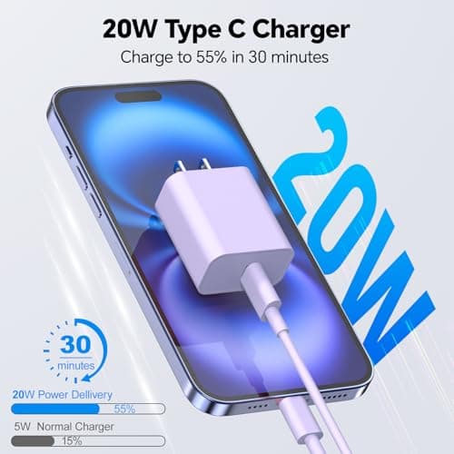20W USB C Wall Charger Block,Compatibile with Phone 15 16 17 Pro Charger Fast Charging with 10FT Long Type C Cable,for Phone16/15 Pro Max,16Plus,15Plus,I-Pad/Pad Pro/Air/Samsumg and More(Purple,Red) - Thumbnail 2