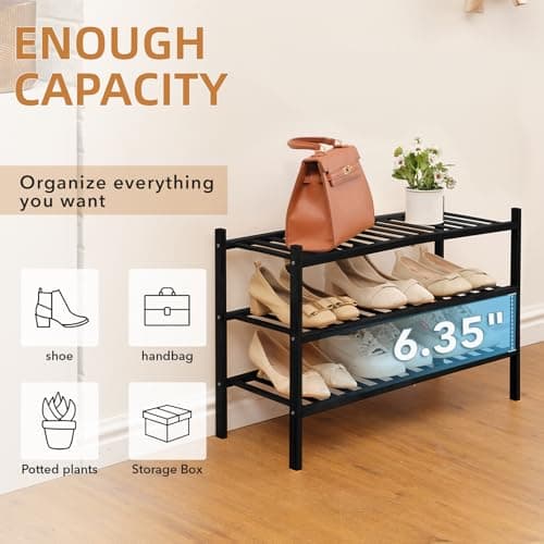 Buymoth 3 Tier Bamboo Shoe Rack Storage Organizer for Closet, Multifunctional Stackable Free Standing Shoe Shelf Organizer for Small Space,Entryway,Hallway,Bathroom 27"x11"x20" (Black, 3 Tier) - Thumbnail 5