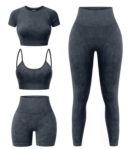 YOAKUKA Women's 4 Piece Workout Sets Seamless Acid Wash Yoga Outfits with Short Sleeve Top Sports Bra Biker Shorts High Waist Leggings Active Set - Image 1