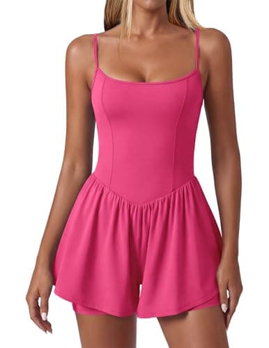 Ekouaer Womens Summer Sleeveless Workout Rompers Athletic Jumpsuit Double Lined Shorts One Piece Gym Yoga Clothes Hot Pink XL - Image 1