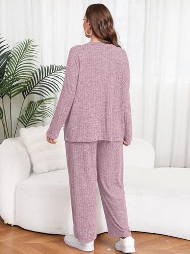 AusLook Plus Size 2 Piece Sets for Women Loose Wide Leg Pant Long Sleeve Top Matching Sets Pink 1X Tracksuit Loungewear 2025 Vacation Travel Airport Outfits Going Out Comfy Track Suits - Thumbnail 6