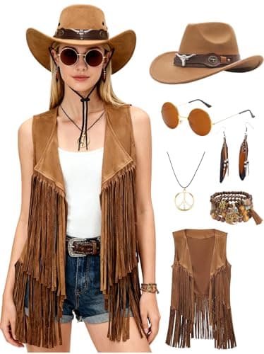 Verceco 6 PC Cowgirl Western Outfits for Women Retro Cowgirl Costumes Fringe Vest Cow Girl Hat for Women Country 70s Hippie Outits (Brown, XL) - Image 1