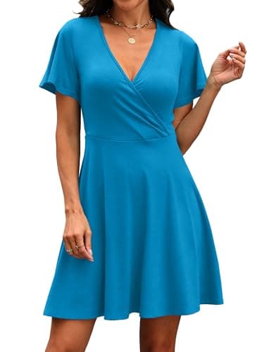RUMIA Summer Dresses for Women Casual Short Sleeve Dress Wrap V-Neck Party Sundresses Plain Blue S - Thumbnail 4