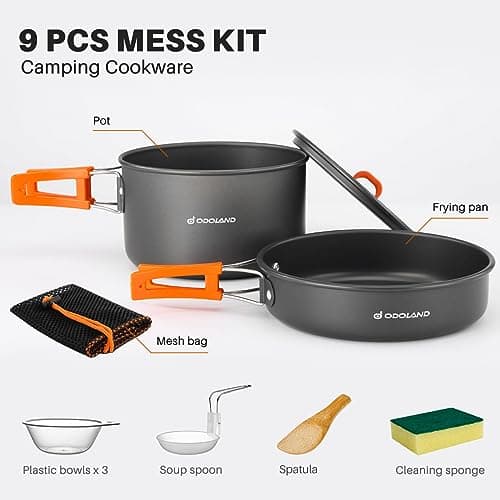 Odoland 9pcs Camping Cookware Non-Stick Lightweight Camping Pots and Pans Set with Plastic Bowls Soup Spoon for Camping, Backpacking, Outdoor Cooking and Picnic - Thumbnail 2