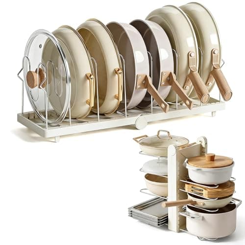 TOMSHUB Foldable Pots and Pans Organizer Under Cabinet, 8 Adjustable Stainless Steel Dividers,28.5" L x 9.1" W x 9.9" H Expanded, Folds Flat, Heavy Duty Kitchen Cabinet Organizer with Lid Holder - Image 1