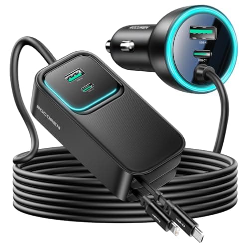 Rocoren 135W Multiple Ports Car Charger,Car Travel Essentials for Road Trips,6-Port PD Fast USB C Cigarette Lighter Adapter with 5FT Cable and 2 Retractable Cable,Car Accessories for iPhone, Galaxy