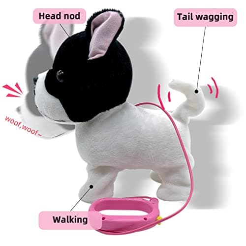 YH YUHUNG Walking French Bulldog Toy with Leash, Black & White Frenchie Puppy Robot, Electronic Barking & Wagging Plush Dog, Interactive Pet Gift for Kids 3+ (French Bulldog) - Thumbnail 3