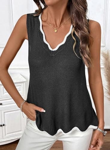 Dokotoo Sleeveless Tops for Women Summer V Neck Ruffled Sweater Vest Womens 2026 Fashion Trendy Color Block Knit Tank Tops Shirts Black XX-Large - Thumbnail 2
