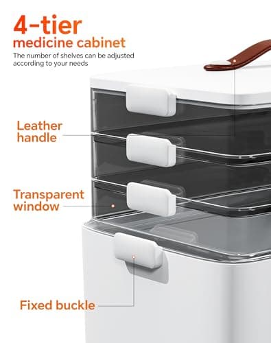 LEGUO 4-Tier Medicine Cabinet Organizer with Leather Handle, Empty Plastic First Aid Kit, Multipurpose Storage Box with A Portable Weekly Pill Organizer for Family Emergencies, Home - Thumbnail 3