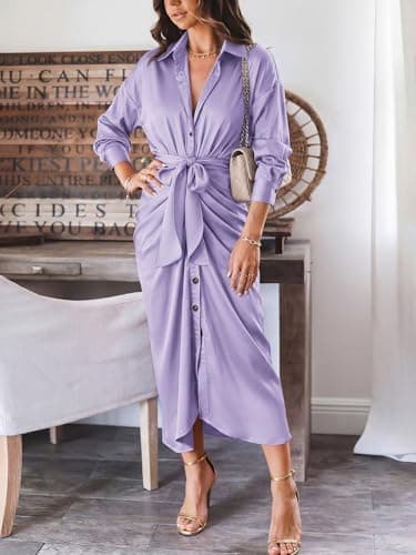 BTFBM Summer Dresses for Women 2026 Long Sleeve V Neck Button Down Elegant Belted Ruched Satin Silk Shirt Fall Dress(Purple, Medium) - Thumbnail 3