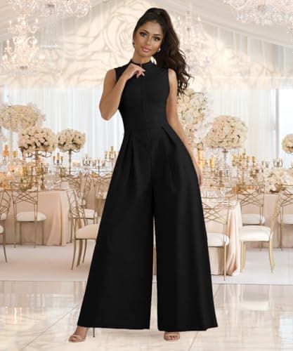 knowfashionstyle Jumpsuits For Women Dressy Sleeveless Zip Up Wide Leg Jumpsuit Date Night Rompers Formal Party Outfits Black S - Thumbnail 4