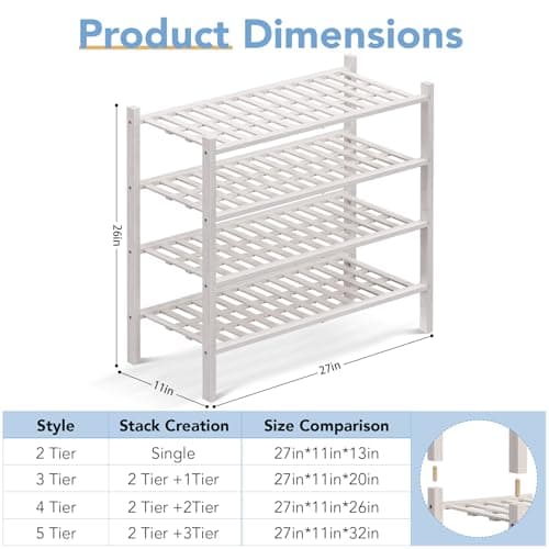 Haddockway 4 Tier Bamboo Shoe Rack Storage Organizer, Multifunctional Free Standing Stackable Shoe Shelf with Grid Panel for Closet,Hallway,Entryway,Small Space 27"x11"x26" - Thumbnail 3