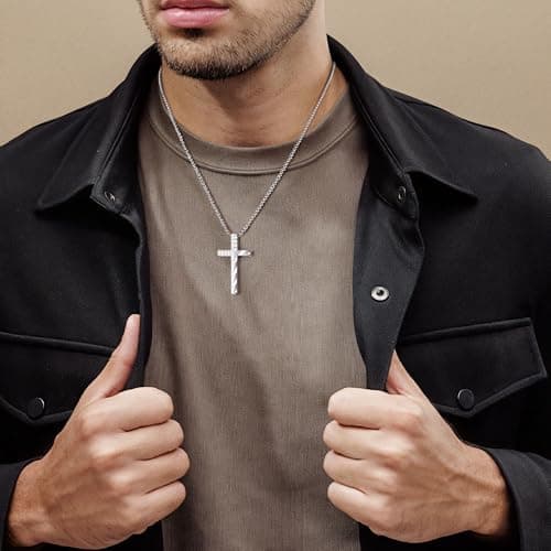 M MOOHAM Cross Necklace for Men - Silver Black Stainless Steel Bible Verse Cross Chain Pendant Necklaces for Men American Flag Religious Christian First Communion Jewelry Gifts 22 Inches - Thumbnail 3