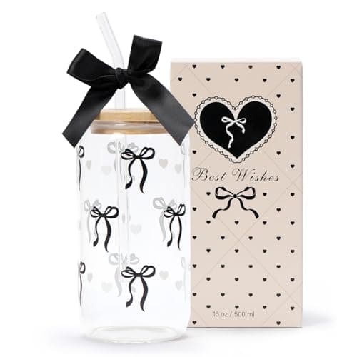 Coquette Black Bow Aesthetic Cup With Gift Box 16oz Glass Cup with Lids Straws and Black Bow Iced Coffee Smoothie Cute Tumbler with Cleaning Brush for Girls Bestfriend Sister Girlfriend, Preppy Stuff - Image 1