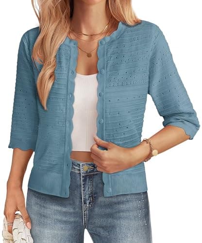 GRACE KARIN Womens Short Sleeve Cardigan Sweater, Lightweight Summer Cardigan Trendy, Crochet Knit Bolero Shrugs Light Blue - Image 1